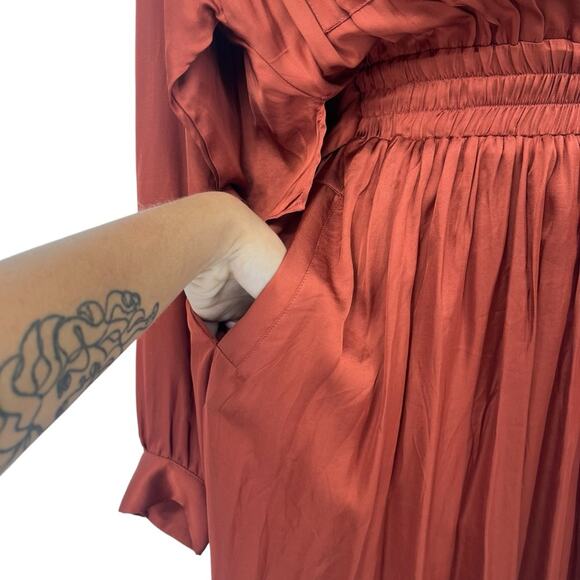MISA Blair Dress Burnt Orange Satin Midi Long Sleeve Open Back Belted XS NWT - Picture 8 of 14